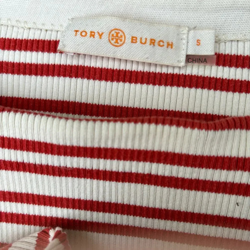 Tory Burch Ribbed Knit Striped Top Size S Cream color with Burnt Orange Stripes - Picture 3 of 6
